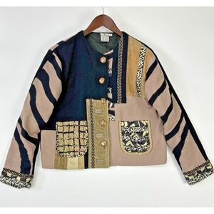 Parsley & Sage Womens Patchwork Button Jacket Size M Canvas Safari Animal Print
